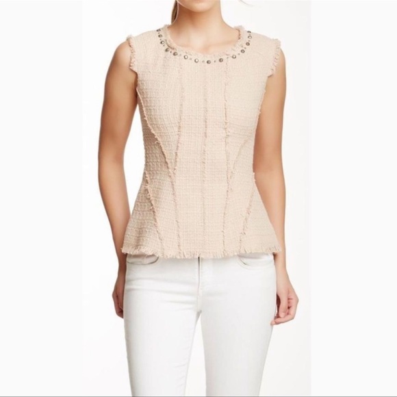 Rebecca Taylor Taupe Tweed Stud Embellished Sleeveless Peplum Top Sz 4 - Picture 1 of 8